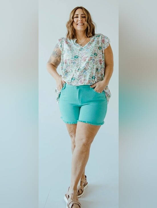Judy Blue Pants - Judy Blue Aquamarine Mid Rise Frayed Hem Denim Shorts Size 3XL